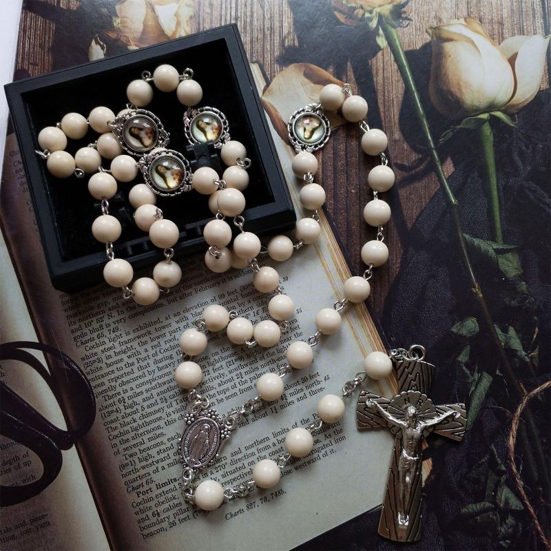 Catholic White Beads Rosary Necklace Virgin Mary Medal & for Cross Pendant Favors for Baptism Communion Weddings Party