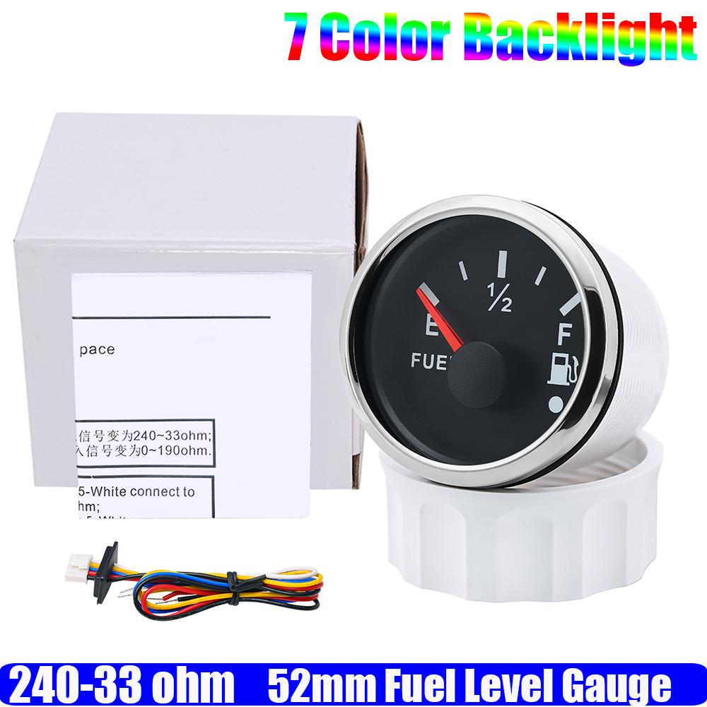 7 Color Backlight 2" 52mm Fuel Level Gauge with Alarm 0-190 OHM Oil Meter Indicator 240-33 ohm Auto Car Boat RV Yacht