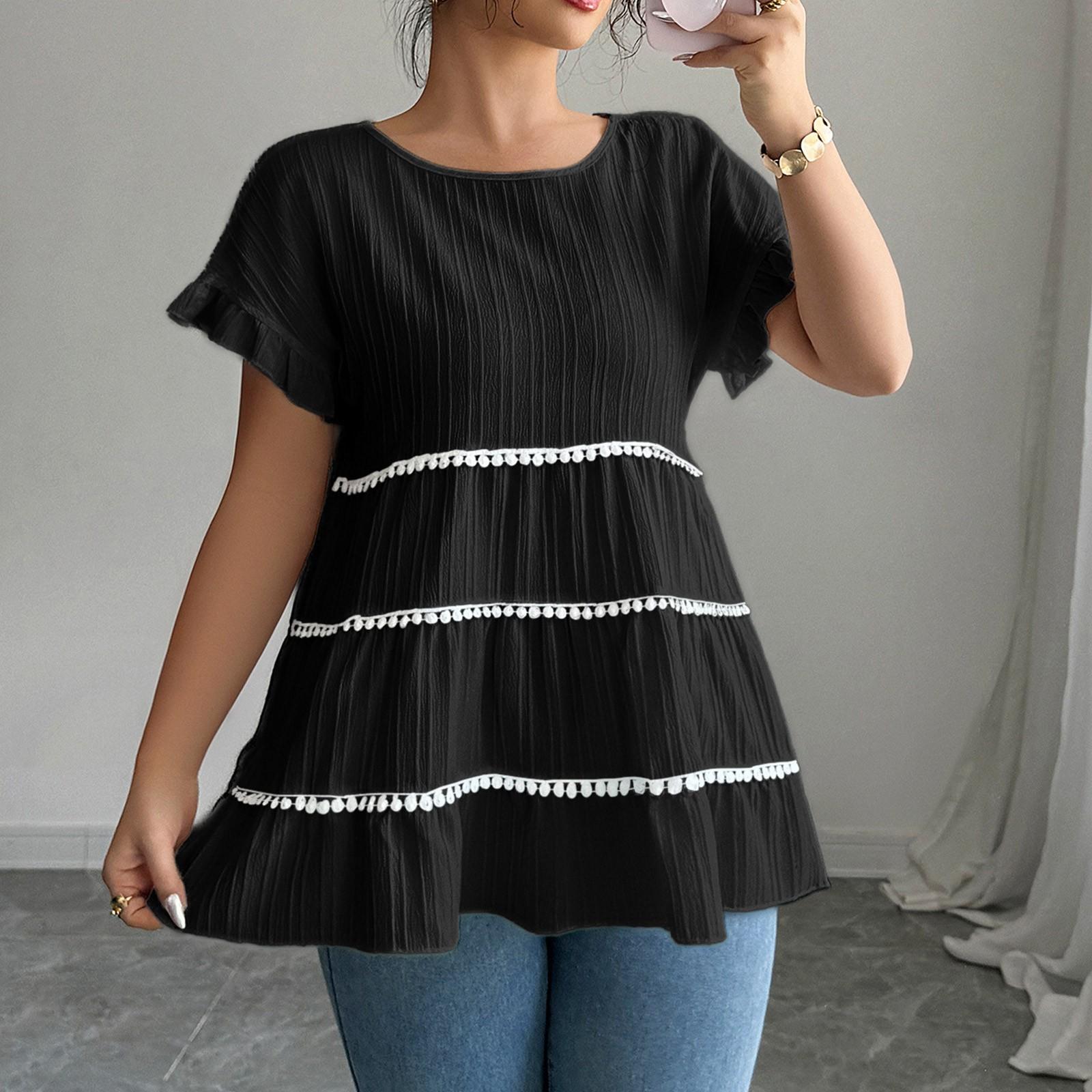 

Женская модная футболка с круглым вырезом, оборками, однотонная, с коротким рукавом L чёрный