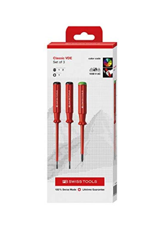

PB Swiss Tools SwissGrip Classic Insulated Screwdriver Set and in Paper 3-Piece (Slotted Pozi-Plastic) Box, 5551.CBB