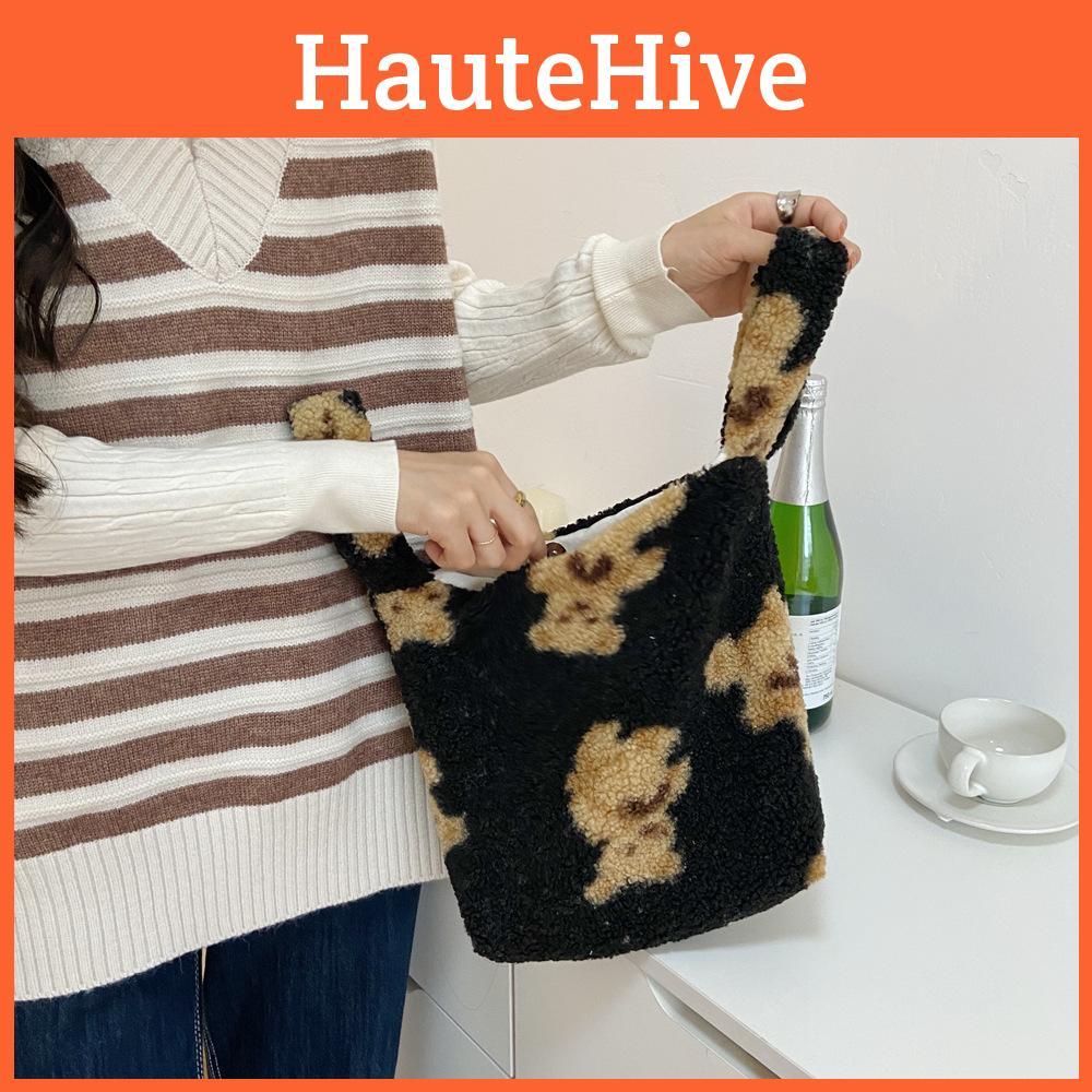 Black Plush Teddy Bear Tote Bag Adorable Soft Lambswool Casual Student Handbag