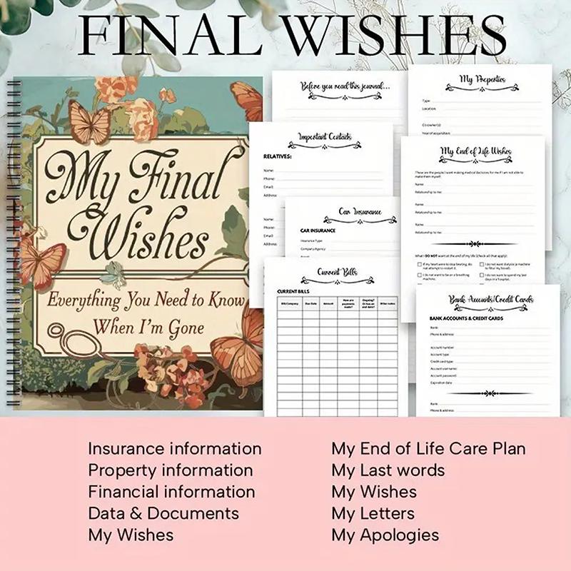 

Блокнот для планирования конца жизни для подготовки к последним распоряжениям, информации о бенефициарах, планирования похорон, последних пожеланий