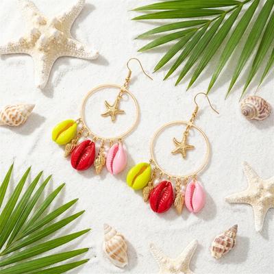 Exaggerated Multi Shell Pendant Hoop Earrings for Women Boho Colorful Conch Starfish Dangle Earring Summer Beach Party Jewelry