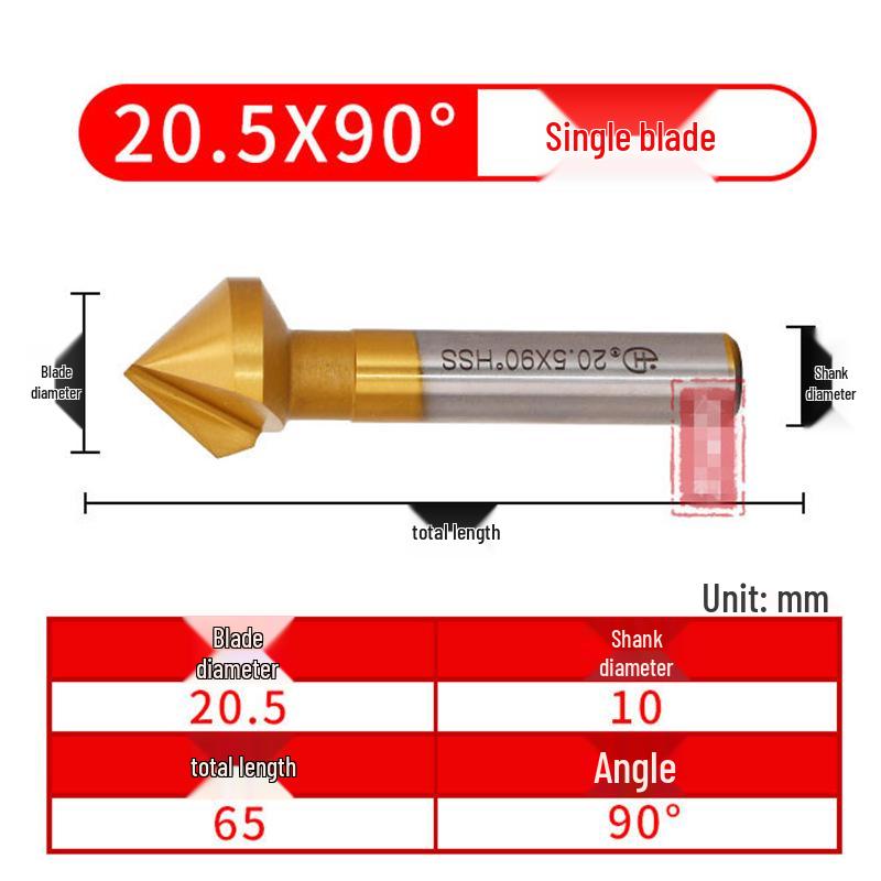 90° Titanium-Coated Chamfering Tool, Single/Three-Flute, 45° Countersink and Deburrer for Stainless Steel.
