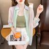 Turn-down Neck Long Sleeved Shirt and Blouses Gradient Rainbow Color See-through Thin Women Clothing Loose Top Shirt Casual