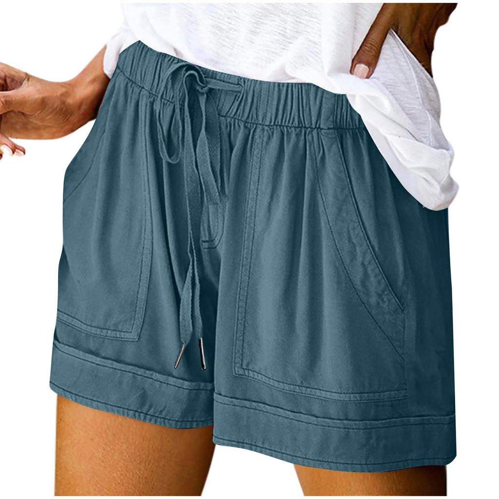 Women's Summer Large Size Loose Solid Color Drawstring Lace-Up Pocket Casual Shorts Women