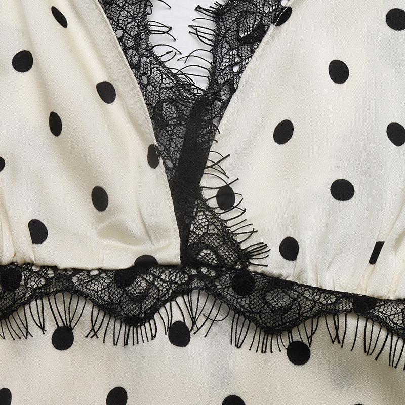 Damenmode Sommer Frühling Polka Dot Print Kurzarm V-Ausschnitt Hohe Taille Freizeitkleider