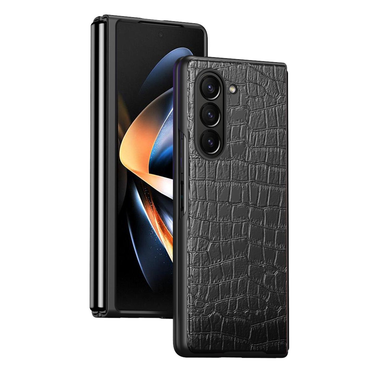 

For Samsung Galaxy Z Fold5 5G Crocodile Texture Folding Phone Case PU Leather Coated PC Cover Black