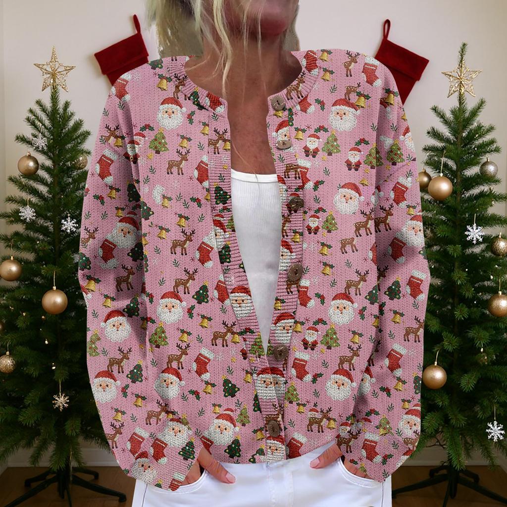 Dames Cardigan Langermet Lett Jakke med Morsomt Juleprint