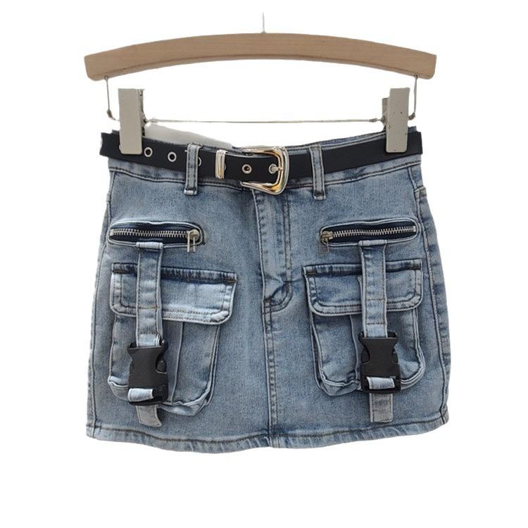 Vintage distressed utility pocket denim short skirt for women, summer new spicy girl slimming button-up anti-exposure A-line skirt