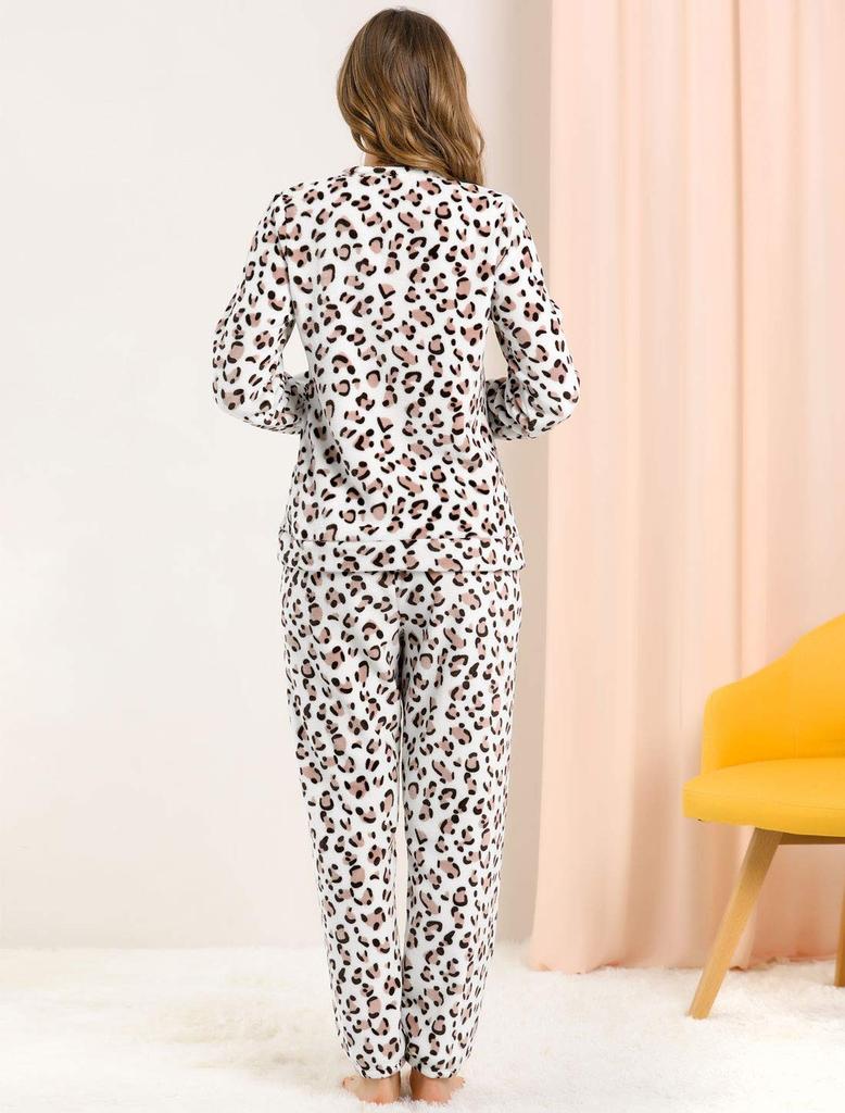 Allegra K Women's Fluffy Flannel Pajamas, Winter Loungewear, Long Sleeve Top and Bottom Set, Leopard Print, Size M