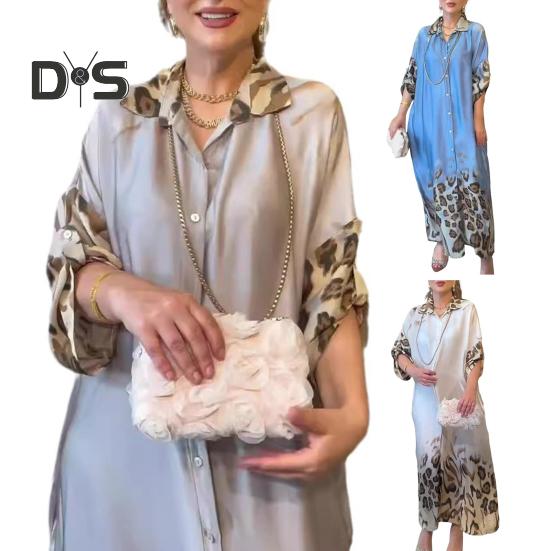 Lady Spring Maxi Dress Lapel Leopard Print Long Sleeves with Cufflink Loose Single-breasted Vintage High Waist Casual Daily Dress