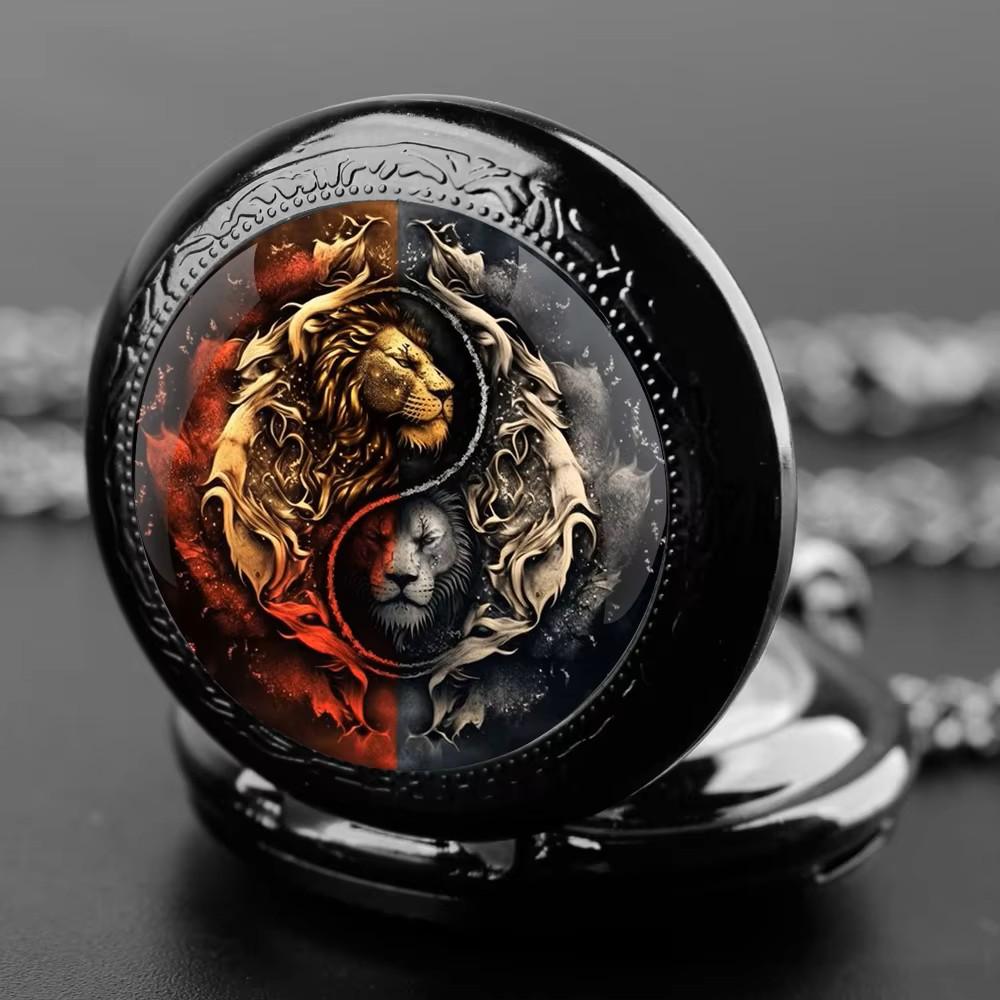 Vintage Retro Løve Leo Zodiak Astrologi Kinesisk Yinyang Kvarts Unisex Menn Kvinner Lommeur Kvarts Halskjede Anheng Klokke Kjede Klassisk Skive
