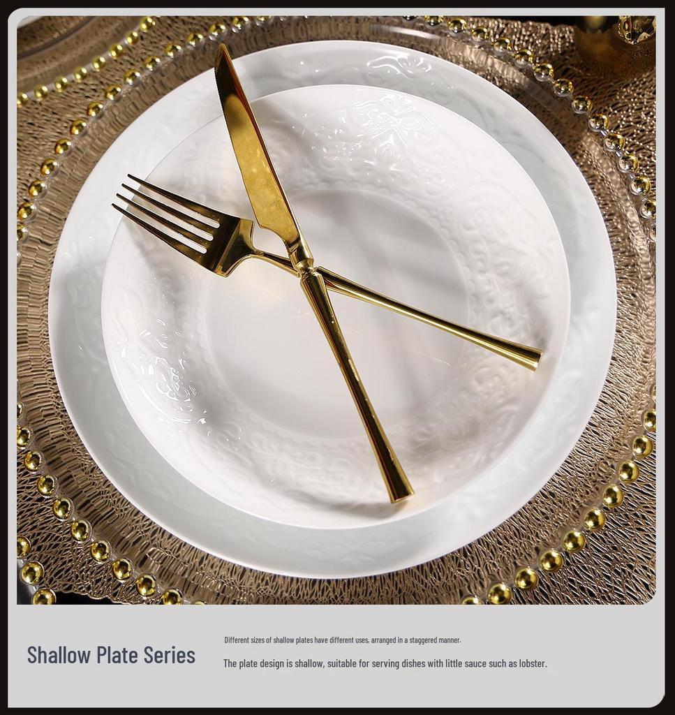 High-End Light Luxury Relief Porcelain Dinnerware Set - Simple White Design