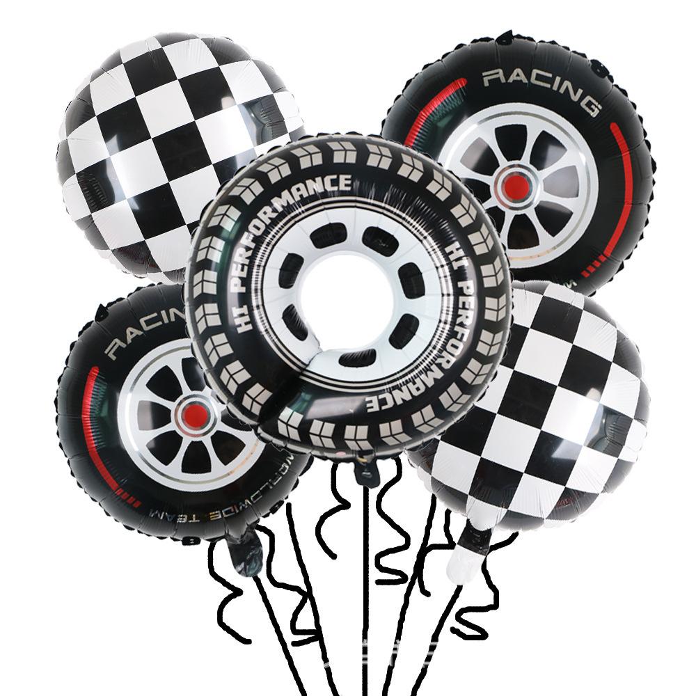 Tire Helmet Balloon 18 Inch Black And White Plaid Round Aluminum Film Balloon Racing Theme Party Decorative Balloon