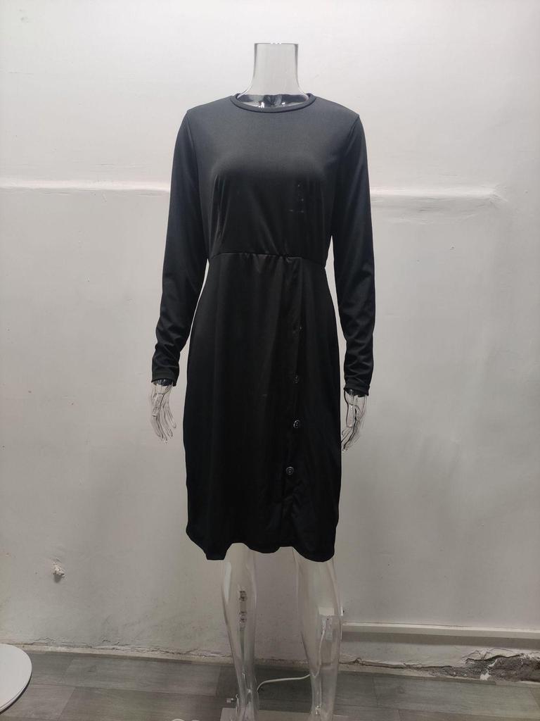 Podzim Zima Slim Fit Žebrovaný Pletený Šaty s Rozparkem a Dlouhým Rukávem