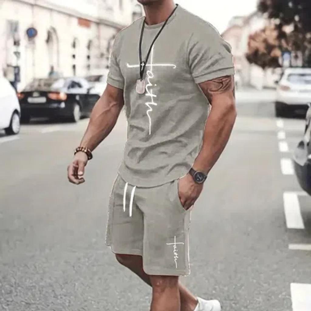 Summer Men's Suit Street Fashion Loose and Comfortable T-Shirt Outdoor Sports Running Fitness Shorts Text Printing