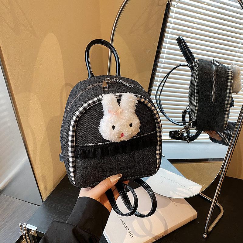 Sweet Denim Backpack Women's New Fashion Cute Rabbit Small Schoolbag Autumn Contrasting Color Backpack
