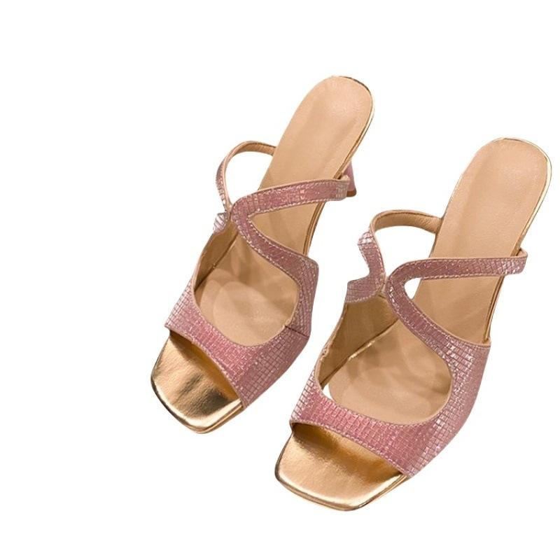 2025 New Beautiful High Heels Summer Square Head Sexy Thin Heels Cool Slippers Women's Empty Toes Women's Sandals