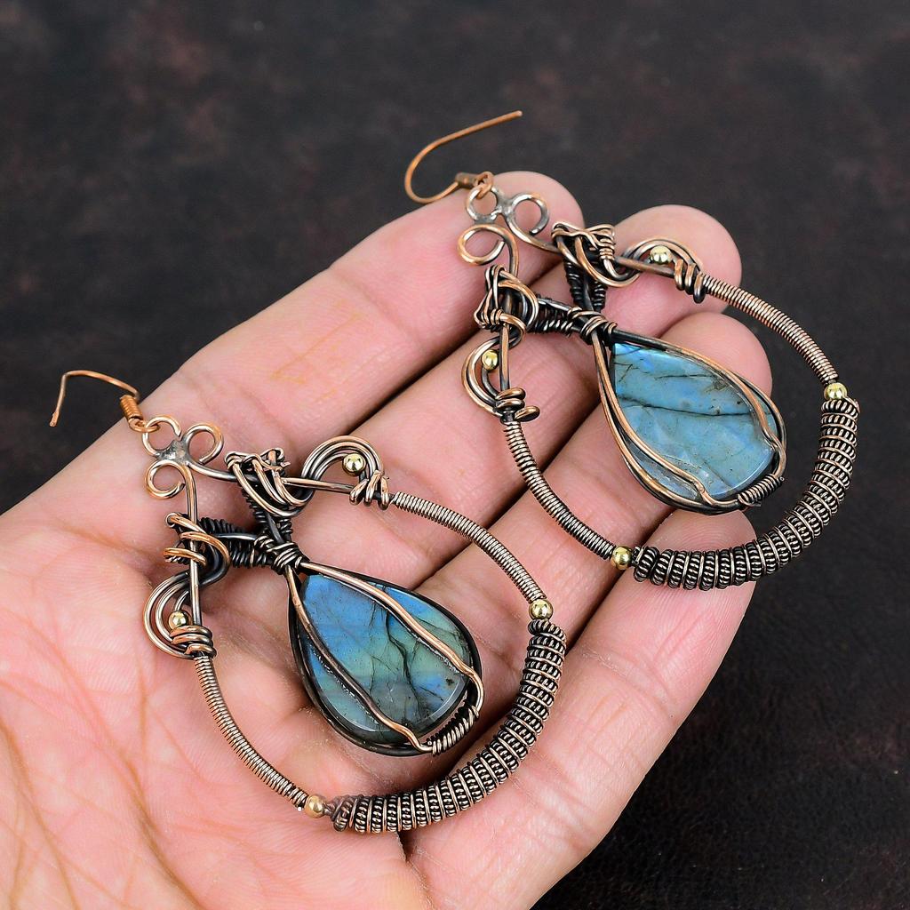 Labradorite Earring Copper Wire Wrapped Earring Gemstone Earrings Labradorite Copper Jewelry Anniversary Gifts Handmade Wire Wrapped Jewelry