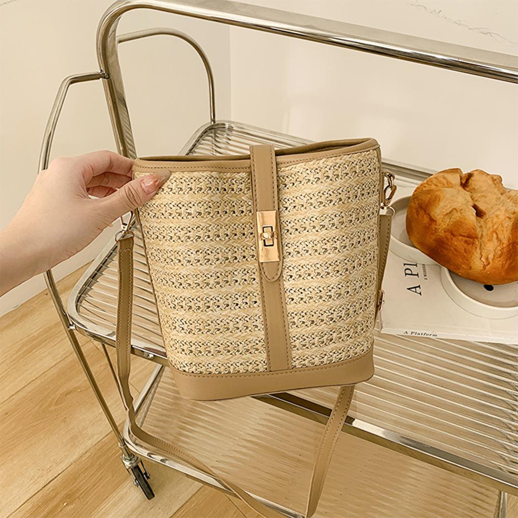 Hollow Out Woven Straw Shoulder Bag Lightweight Large Capacity Lock Closure Perfect for Beach Vacation Summer Outings