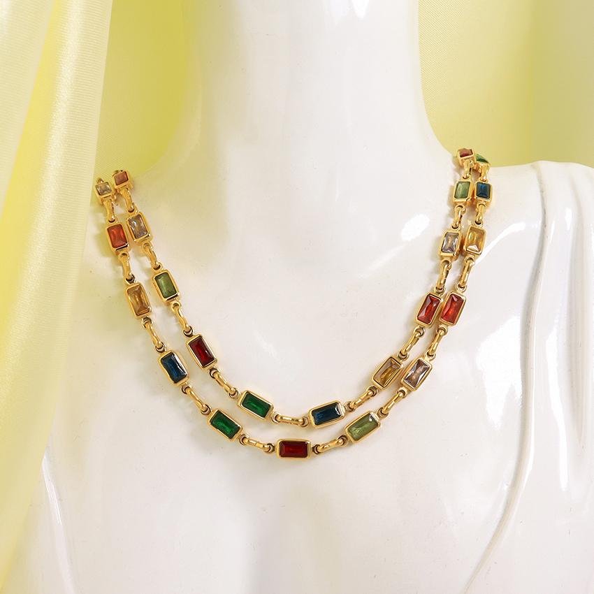 New Arrival Dainty Multi Color Gemstone Layered Necklace Waterproof Jewelry Rectangle Colorful Cubic Zircon Link Chain Necklace