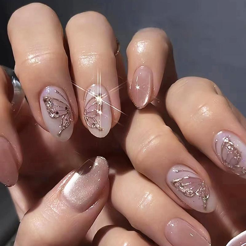 24Pcs French Green Short Almond Fake Nails With Wave Line Design Round Head Press On Nail Tips