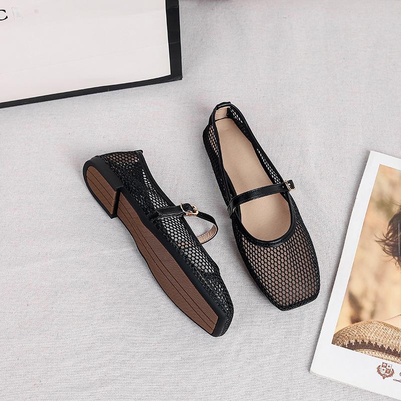 Damen Mesh Ballerinas Sommer Mary Jane Schuhe Ballerina Laufschuhe Rutschfest Quadratische Geschlossene Zehenpartie Mary Jane Ballerinas mit Verstellbarem Riemen Abendschuhe