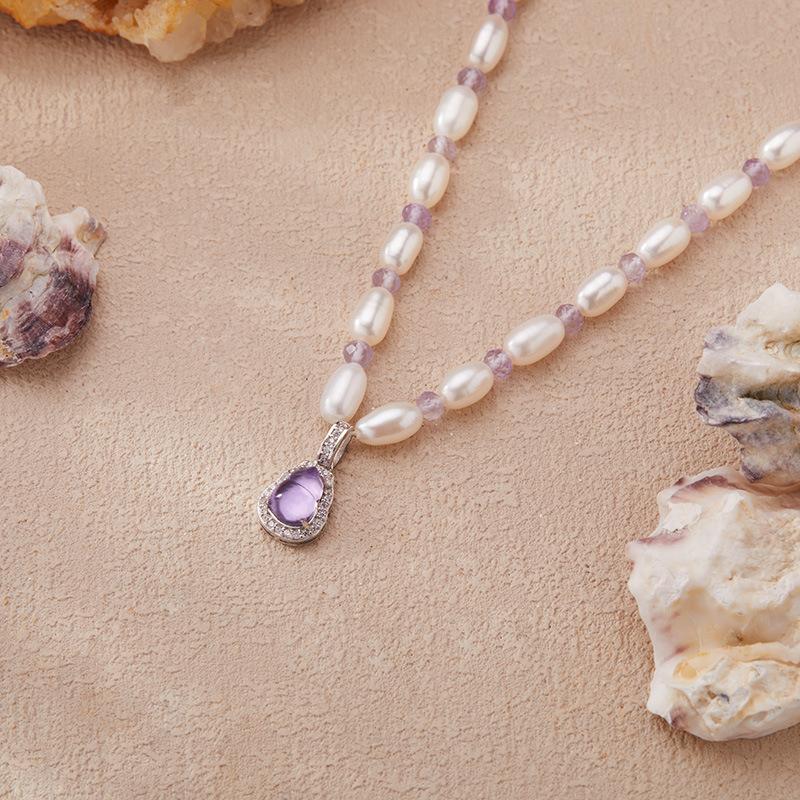 Collar de perlas de agua dulce y amatista natural para mujer, plata de ley 925, joyería de cuentas de colores, pendientes de cadena para clavícula, lote