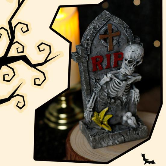 Halloween Tombstone Statue Decoration Spooky Resin RIP Skeleton Gravestone Figurine for Halloween Garden Outdoor Decor