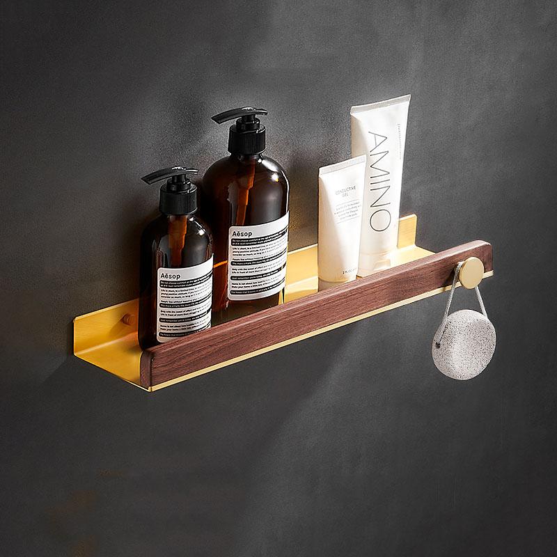 30-50cm Brushed Gold Bathroom Corner Shelf Wall-mounted Shower Room Toilet Walnut Wood Cosmetic Storage Rack with Hook Rod