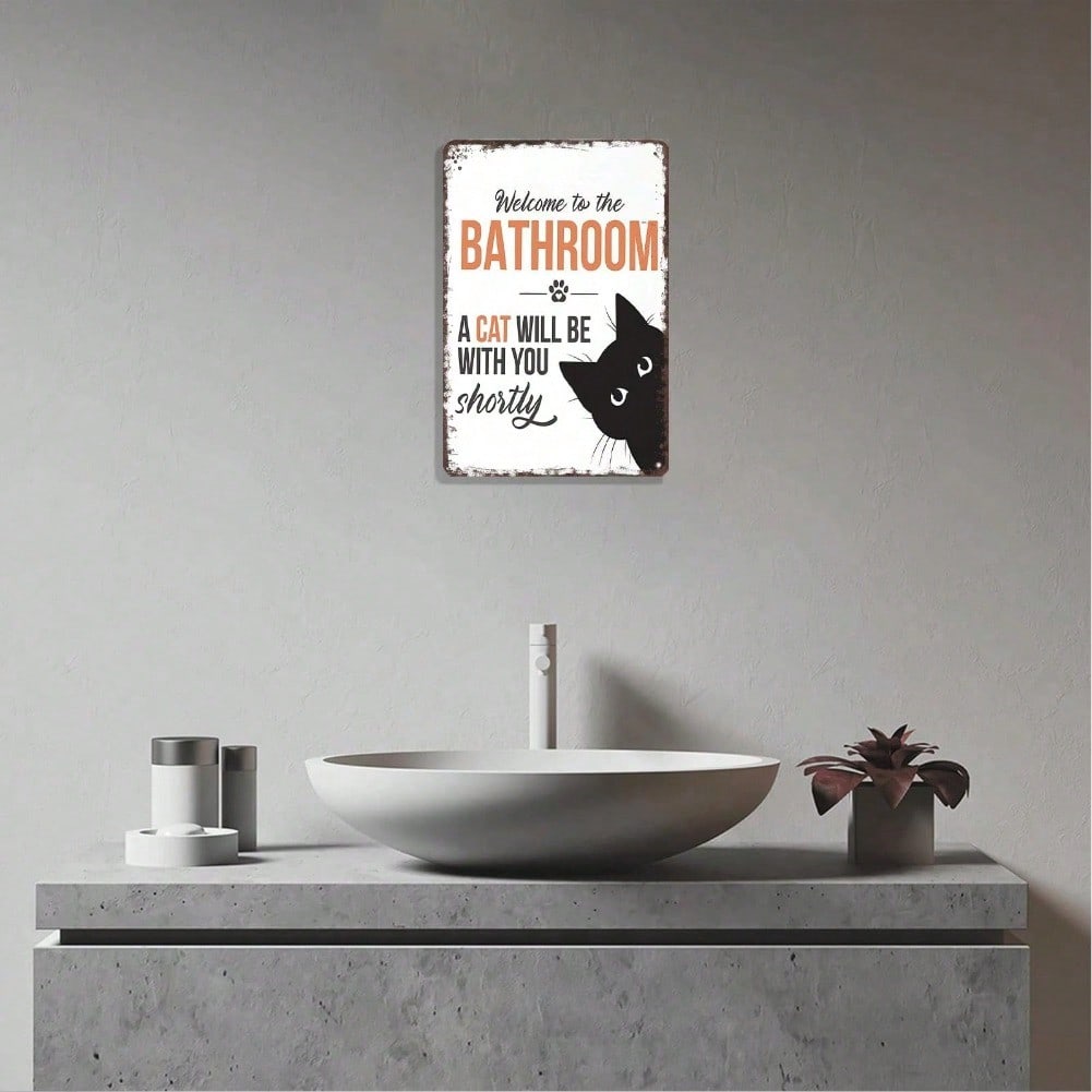 Funny Cat Bathroom Metal Sign Vintage Black White Retro Tin Poster 8x12 Inch Wall Decor