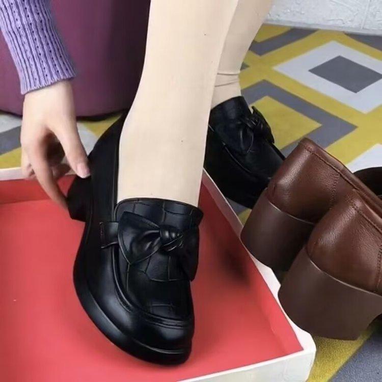 Autumn bow thick heel small leather shoes new platform single shoes soft leather