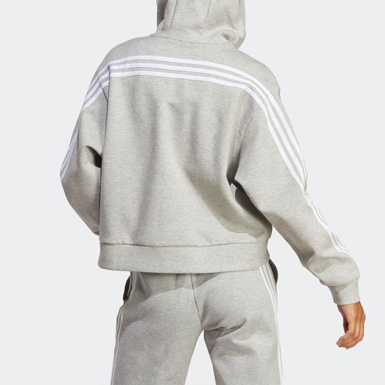 Adidas Striped Hooded Zip-Up Sweatshirt Women Sweatshirts Gray IB8511