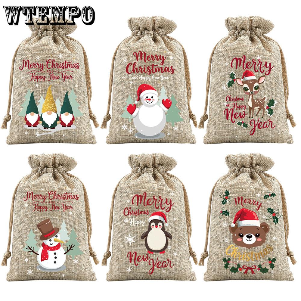 24pcs Christmas Packaging Bags Linen Drawstring Bags Festival Decoration Bags Storage Bags Velvet Gift Bags Drawstring Bags