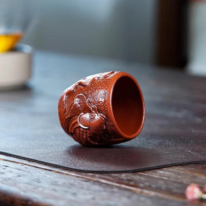 120ml Yixing Purple Clay Relief Fish Teacup Elegant Tea Bowl Tea Pair Tea-tasting Fragrance Cup Chazhan Master Cups Tea Set Gift