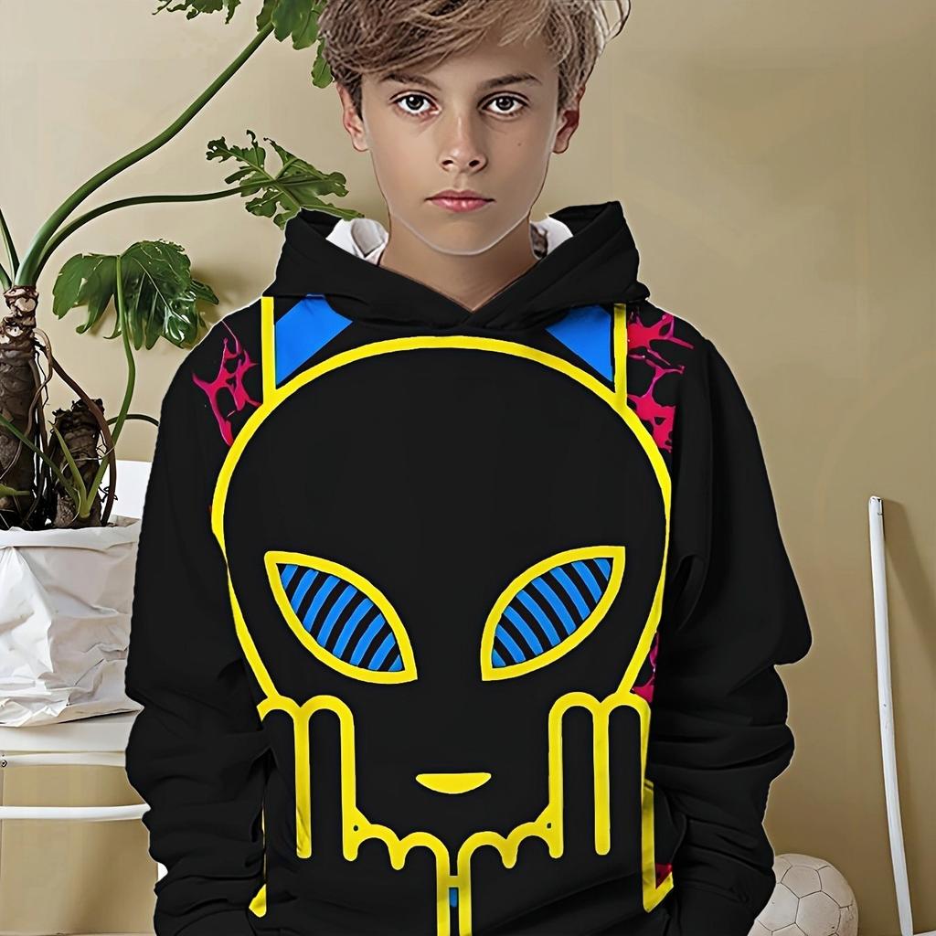 Boy's 3D Digital Printed Cat Tongue Pattern Hoodie - Black Casual Hoodie, Soft Machine Washable Fabric