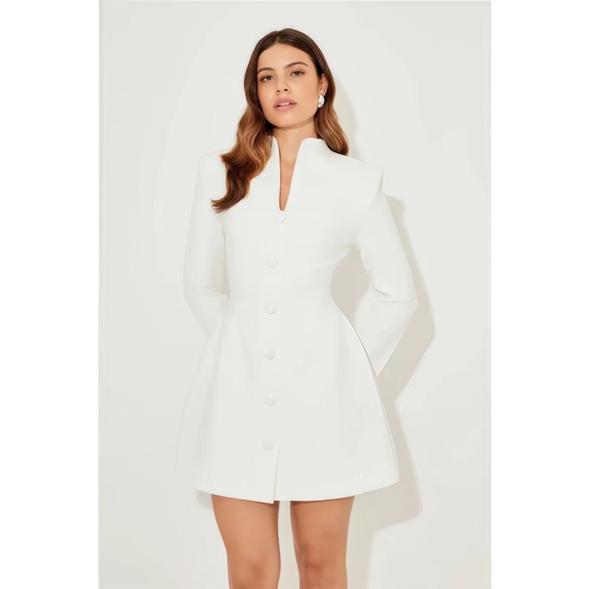 

Elegant Stand Collar Mini Dress Women Casual Single Breasted Full Sleeve Cinched-waist Short Dresses Lady Evening Dinner Gowns S белый