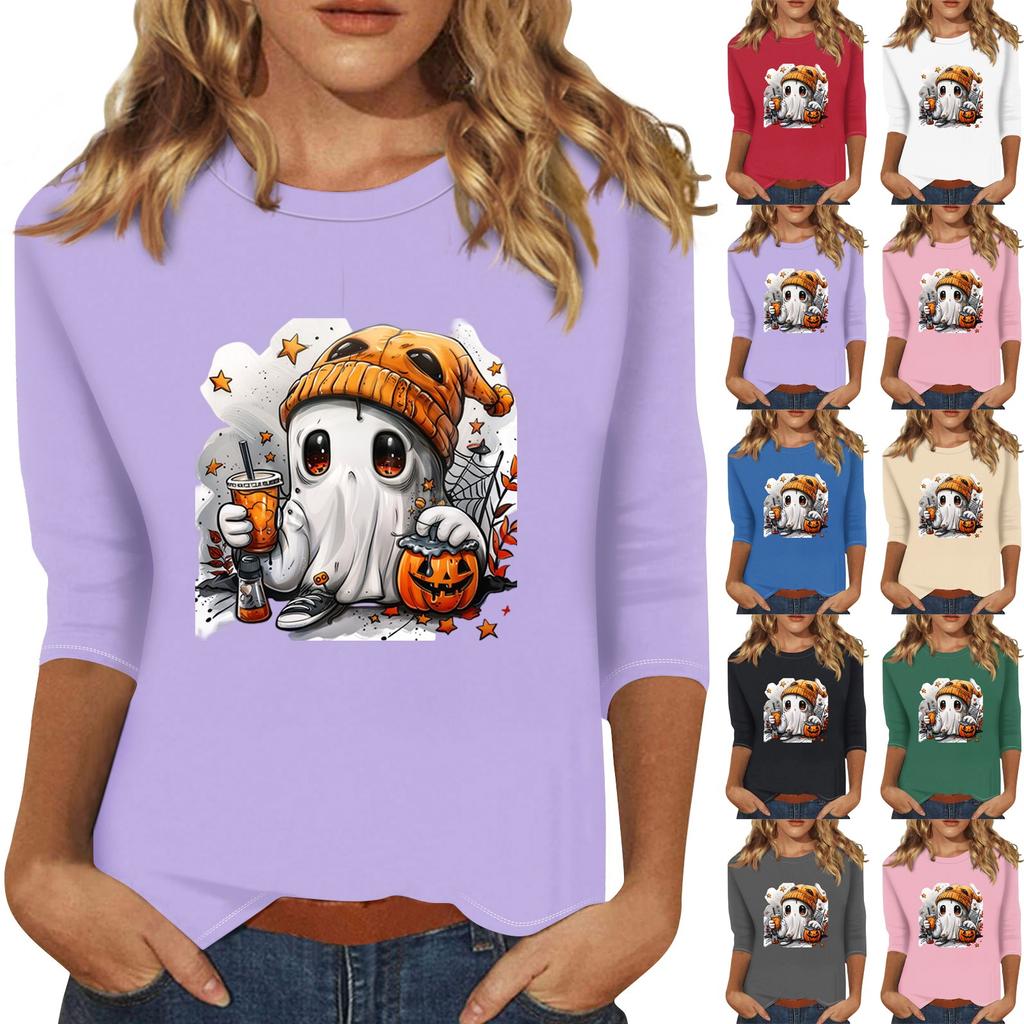 Women's Fashion Casual Three-quarter Sleeve Halloween Printed Round Neck Top