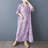 Summer Floral Vacation Style Travel V-neck Retro Long Dress To Hide The Flesh Cotton and Linen Dress