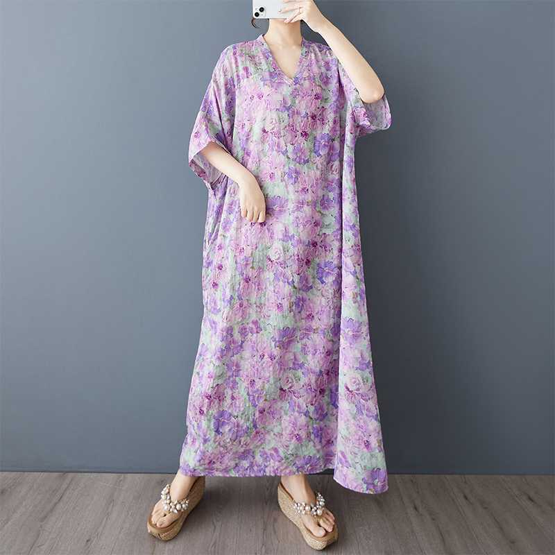 Summer Floral Vacation Style Travel V-neck Retro Long Dress To Hide The Flesh Cotton and Linen Dress