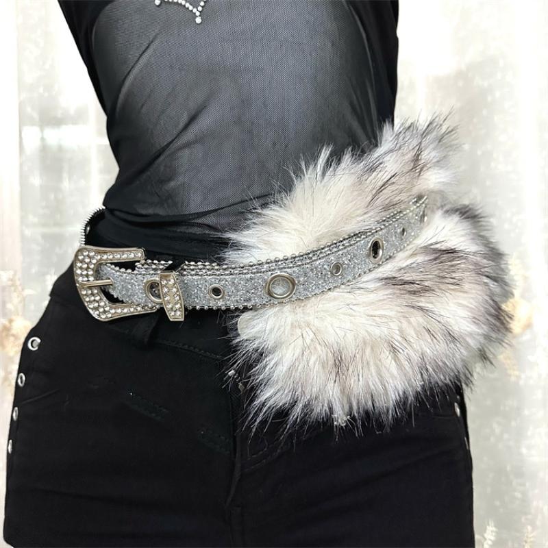 Vintage Faux Fur Pu Leather Rhinestone Belt Y2K Furry Fur Gothic Punk Sexy Waistband Night Club Waist Chain Jeans Pants Decor