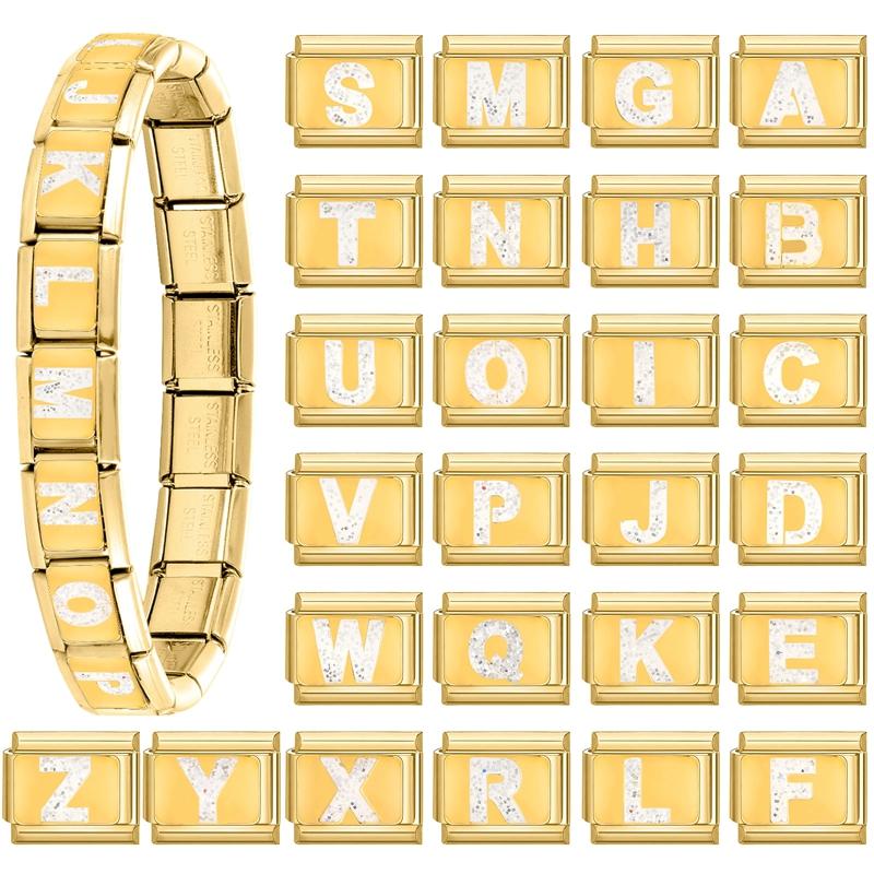 Fashion Golden 26 Letters A-Z Italian Links Charm Beads 9mm Stainless Steel Bracelet Jewelry DIY Hand Making