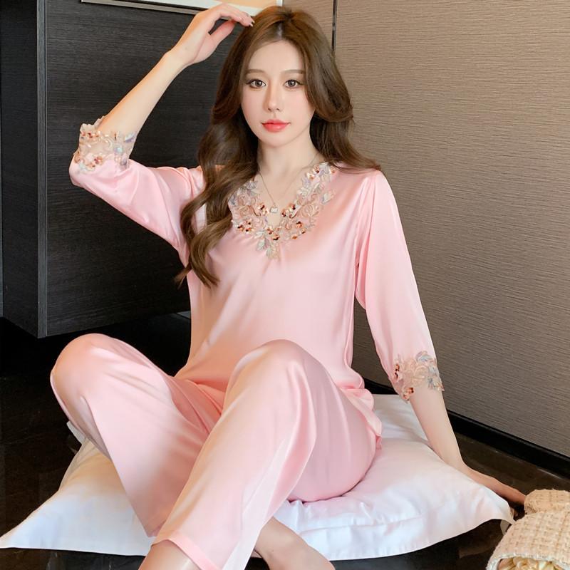 Pajamas Women'S Spring And Autumn Silky Satin Long Sleeve Women'S Pajamas Homewear Set Sexy Colorful Lace Premium Sense