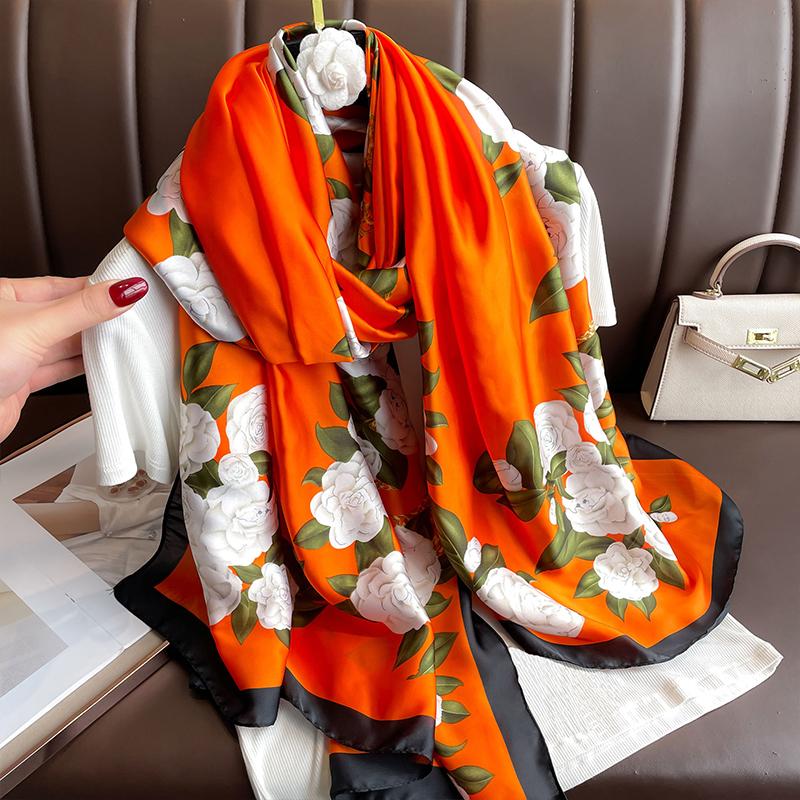 Fashion Elegant Women Silk Scarf Beach Wrap Shawl Vintage Satin Floral Print Sunscreen Bandana Hijab Mujer Scarve Foulard Pareo