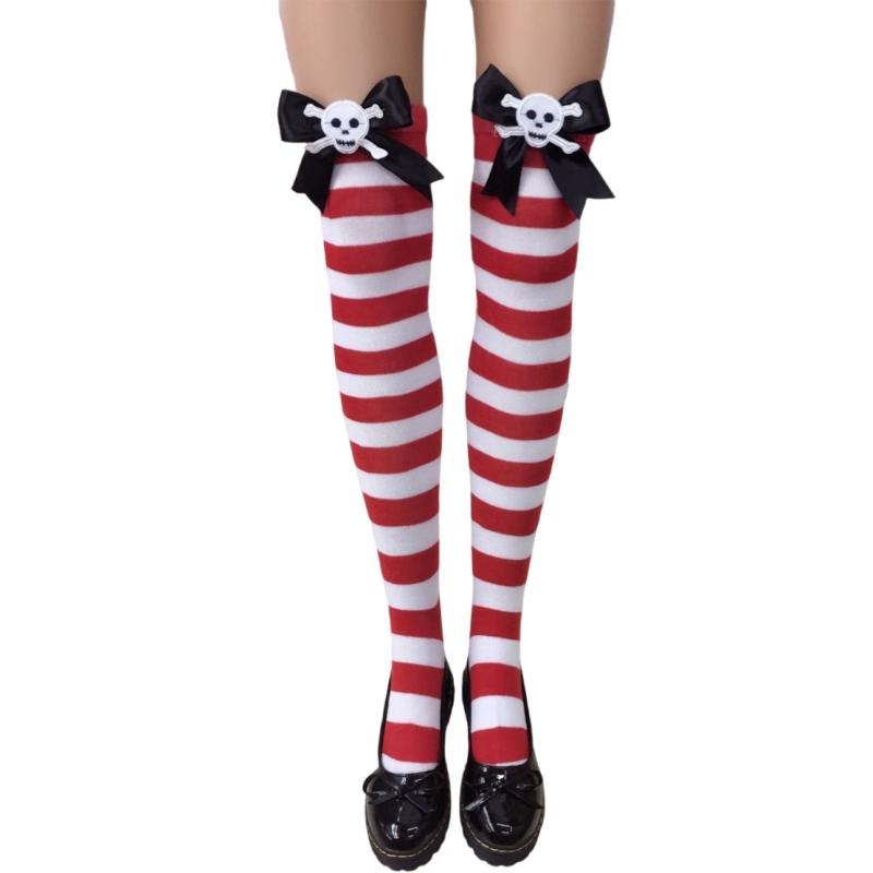 Festival-Schleifenakzent Gestreifte Lange Socken für Damen Weihnachtsfeiern Cosplay Oberschenkelhoch Über dem Knie Strümpfe Strumpfwaren