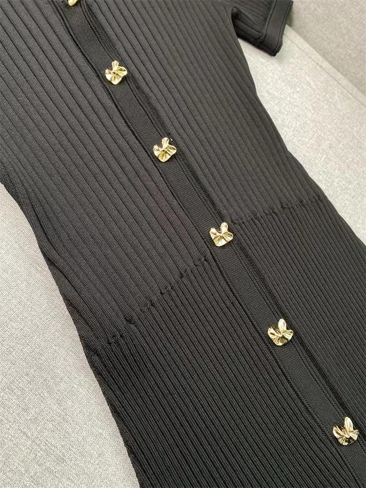 Elegant French-Style Short-Sleeve Knit Dress with Lapel & Waist Detailing, Summer 2024