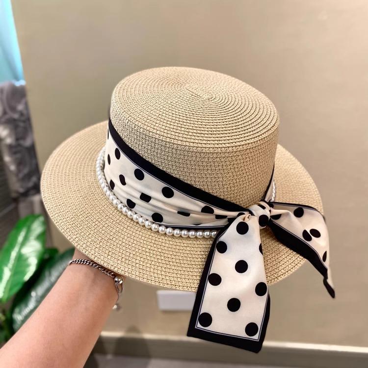 Simple Polka Dot Straw Hat Women's Summer Sunshade Sunscreen Vacation Beach Hat Flat Top White Top Hat Travel
