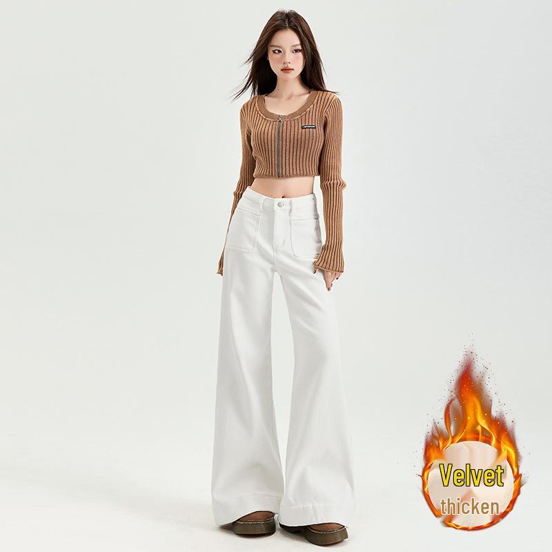 

Women s White Winter Wide-Leg Micro-Flared Jeans with Fleece-Lining XL
