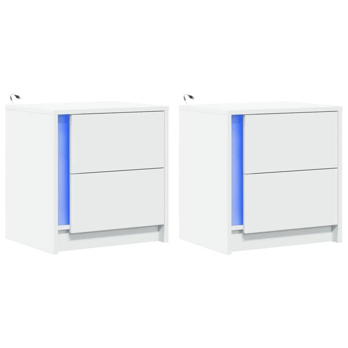 VidaXL Armoires de chevet et lumières LED 2pcs blanc bois d'ingénierie, table d'appoint, armoire de lit, table d'appoint 852048